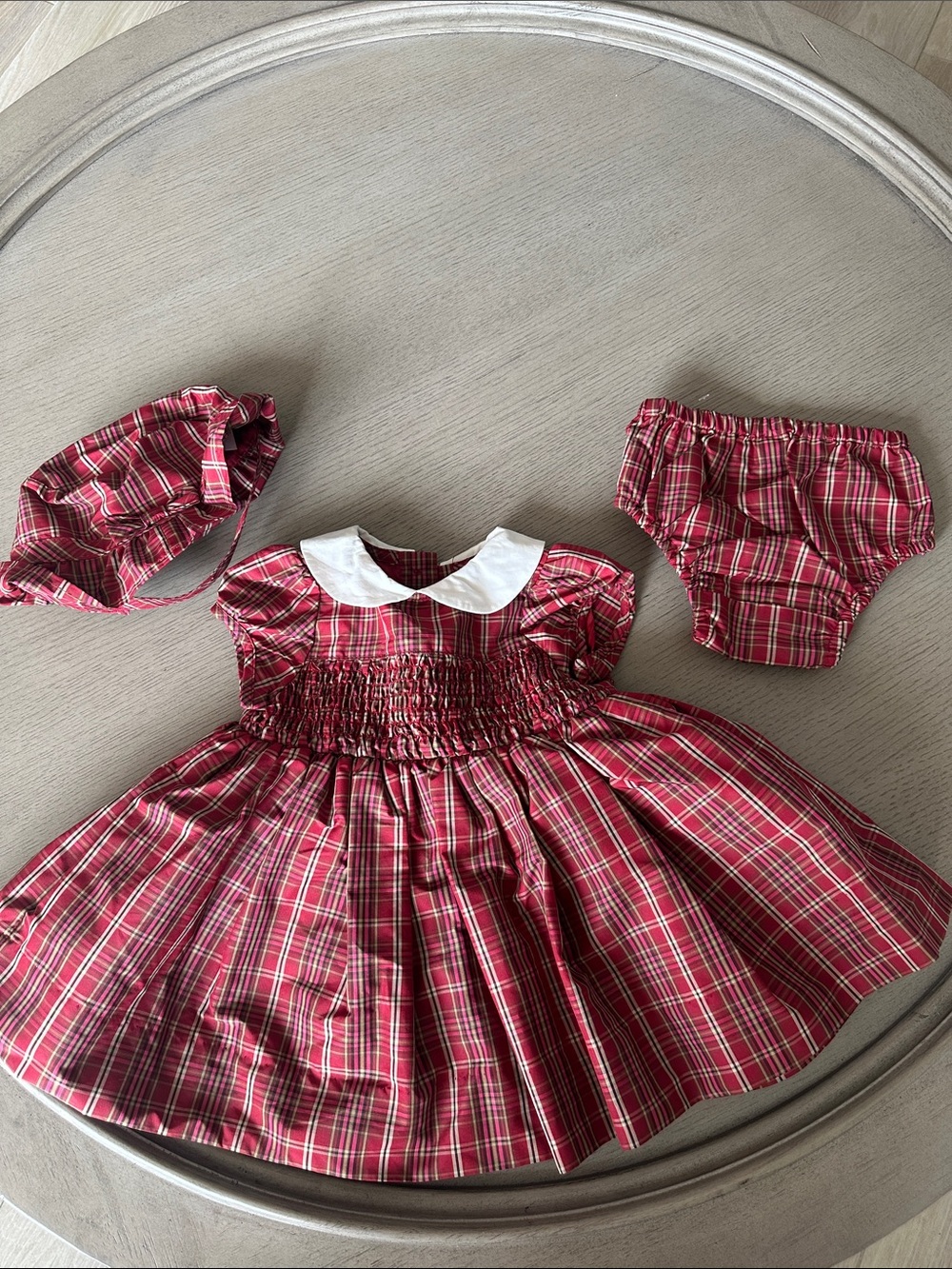 Red Plaid Smocked Peter Pan Collar Kids Dress with Bonnet and Bloomers